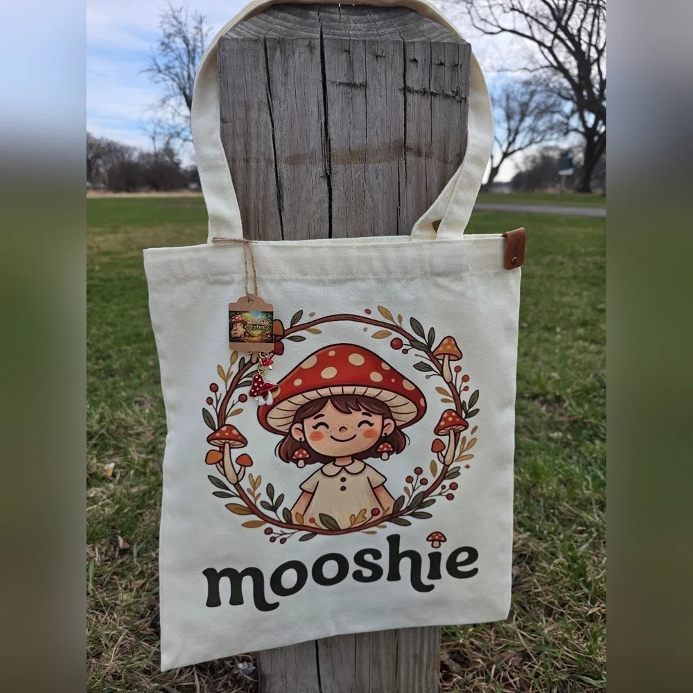 Mooshie Totes + Keychain Mushroom Girl Canvas Tote Bag 13x15 NWT